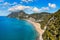 Aerial drone view over western coast and Glyfada beach, Island of Corfu, Greece. Glyfada Beach at Corfu Greece during the day