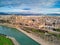 Aerial drone view Palma de Mallorca Cathedral was built on a cliff rising out of the sea. Picturesque panorama Majorca cityscape