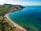 Aerial drone view of Porto Tramatzu beach and the town, Sardinia, Italy