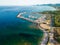 Aerial drone view of Porto Tramatzu beach and the town, Sardinia, Italy