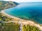 Aerial drone view of Porto Tramatzu beach and the town, Sardinia, Italy