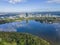 Aerial drone view of Rhodes, an Inner West suburb of Sydney along Parramatta River, Sydne NSW