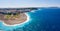 Aerial drone view on Rhodes island town Elli beach popular summer tourist destination, Dodecanese, Aegean, Greece