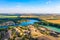 Aerial drone view of Romantsevskiye Gory, Konduki in Tula region, Russia. Beautiful lakes and mountain nature summer landscape