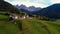 Aerial drone view of Santa Maddalena mountain village. Alps, Italy.