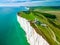 An aerial drone view of the Seven Sisters cliffs on the East Sussex coast, UK