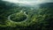 Aerial drone view showcases scenic landscape, meandering roads, and rivers