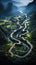 Aerial drone view showcases scenic landscape, meandering roads, and rivers