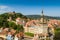 Aerial drone view of Sighisoara old city and clock tower, Romania