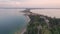 Aerial drone view of the Sirmione peninsula on Lake Garda, Italy.