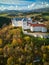 Aerial drone view of Slovenska Lupca castle during autumn sunset from south