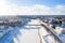 Aerial drone view of Torzhok city center with Tvertsa river, Russia. Russian winter landscape