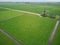 Aerial drone view of traditional Dutch windmill on field with grazing sheep and cows