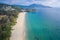 Aerial drone view of tropical empty Surin Beach in Phuket