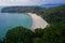 Aerial drone view of tropical empty Surin Beach in Phuket