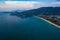 Aerial drone view of tropical Kamala Beach area and Andaman Sea in Phuket