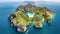 Aerial drone view of tropical Ko Phi Phi island, beaches and boats in blue clear Andaman sea water from above, Thailand