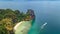 Aerial drone view of tropical Koh Hong island in blue clear Andaman sea water from above, beautiful archipelago islands