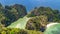 Aerial drone view of tropical Koh Hong island in blue clear Andaman sea water from above, beautiful archipelago islands