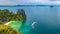 Aerial drone view of tropical Koh Hong island in blue clear Andaman sea water from above, beautiful archipelago islands, Thailand