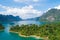 Aerial drone view of tropical Mountain peak in Thailand Beautiful archipelago islands Thailand Scenic mountains on the lake in