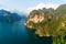 Aerial drone view of tropical Mountain peak in Thailand Beautiful archipelago islands Thailand Scenic mountains on the lake in