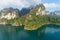 Aerial drone view of tropical Mountain peak in Thailand Beautiful archipelago islands Thailand Scenic mountains on the lake in
