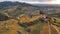 Aerial drone view valley vineyards for wine production grape terraces in autumn sunset. Southern Germany wine region