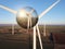 Aerial drone view of wind turbines.