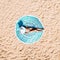 Aerial Drone View Of Woman In Swimsuit Bikini Relaxing And Sunbathing On Round Turquoise Beach Towel Near The Ocean