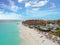 Aerial from Druif beach on Aruba island in the Caribbean at suns