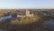 Aerial Dunguaire Castle Evening Sunset, near Kinvarra in County Galway, Ireland - Wild Atlantic Way Route. Famous public tourist a