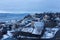 Aerial east view of part of the LÃ©vis old town seen during a blue hour winter evening