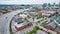 Aerial entrance Louisville Slugger Field Kentucky stadium with highway system and city buildings