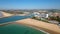 Aerial. Entrance to the luxury port of Vilamoura, filmed from the sky.