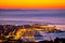 Aerial evening view of Trieste city center and waterfront