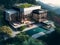 Aerial Exterior view of a steel and glass modern house, Generative AI Illustration