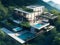 Aerial Exterior view of a steel and glass modern house, Generative AI Illustration