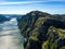 Aerial of famous hiking point in Norway - Pulpit Rock Preikestolen. And Lyse fjord below.