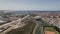 Aerial flight along Peniche old city wall and moat, panoramic view