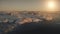 Aerial flight over Antarctic base. Sunset view.
