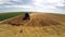 Aerial flight over combine harvesting the wheat rows