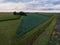 Aerial flight over Green and lush Agricultural fields of Soy