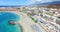 Aerial flight over Los Cristianos beach (Playa de las America), Canary Island Tenerife, Spain