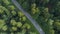 AERIAL: Flying above two cars cruising through the beautiful dark green forest.