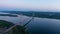 Aerial flying of famous High Coast bridge in Northern Sweden at dusk. Drone flying view.