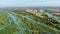 Aerial: flying over the 4000 islands Mekong River in Laos, Li Phi waterfalls, famous tourist destination in South East Asia, sunri