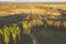 Aerial Flying over autumn pine forest and fields, sunset time, top view. Giant smoke stack in industrial area behind fields and