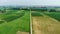 Aerial: flying over cycle lane crossing countryside, people cycling along bikeway through cultivated fields and farmland, sprintim