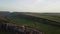 AERIAL: Flying over a small herd of cattle cows walking uniformly down farm road on the hill. Black, brown and spotted